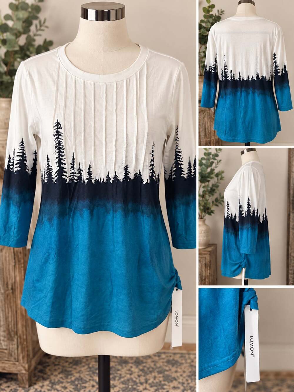Lomon Tree Print Ombre 3/4 Sleeve Pleated Tunic Top Blue White